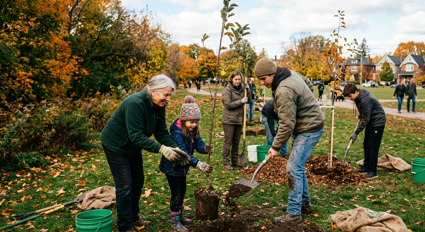 Volunteers planting young trees together in a neighbourhood park