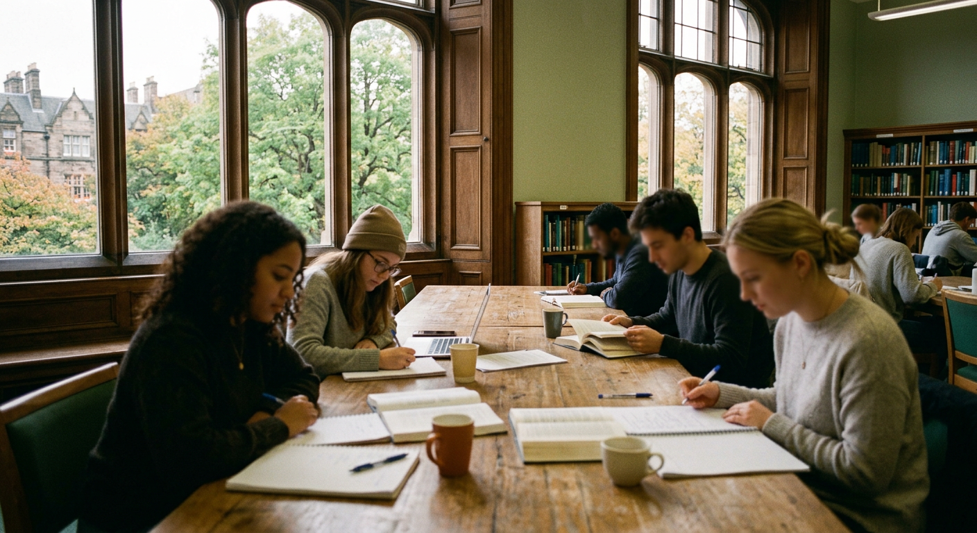 Students studying together at a long library table