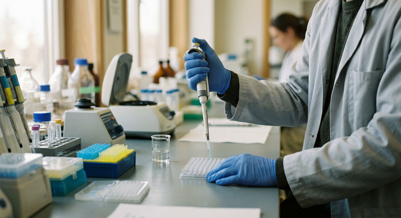 A researcher working with a pipette at a laboratory bench